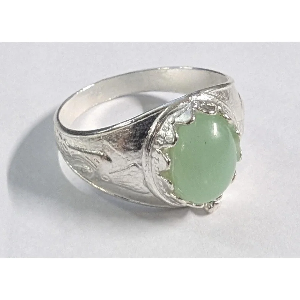 Silvertone Ring Size 10.5 10 1/2 Oval Green Cabachon Stone Mens Womens Large New